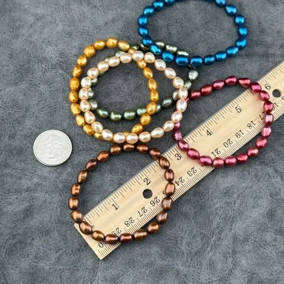 Set of Six 6 Cultured Large 0.25" Freshwater Pearls Stretch Bracelets Multicolor - Picture 7 of 11